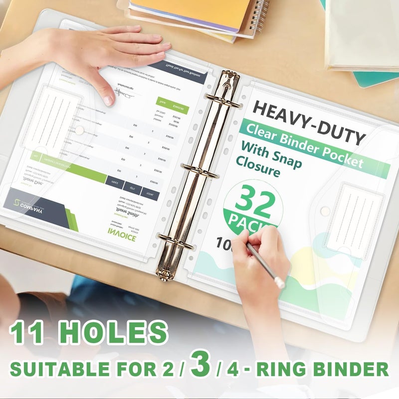 HOUYEE 32 Pack Clear Binder Pocket, 11 Holes Heavy-Duty Plastic Binder Pouch with Snap Closure for 2/3/4 Ring Binder, Clear Binder Folders for School Office, 8 Mil,100 Sheet Capacity, Letter Size - Image 5